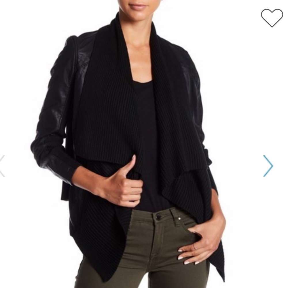BLANKNYC leather jacket drape front sweater